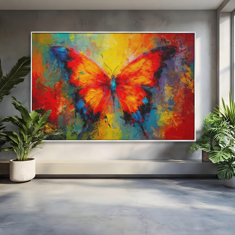 Tablou canvas cu pictura orizontala cu fluture colorat, in rama de aluminiu argintiu